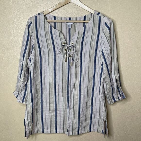 Tommy Bahama Tops - Tommy Bahama large linen blend top stripe Silver Metallic Boho 3/4 SLEEVE LACE
